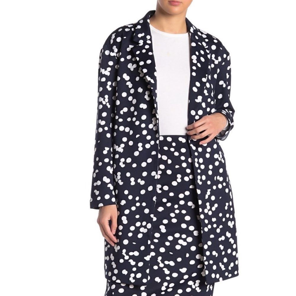 T Tahari Navy Blue White Polka Dot Print Scuba Knit Jacket Coat - Size Small / S